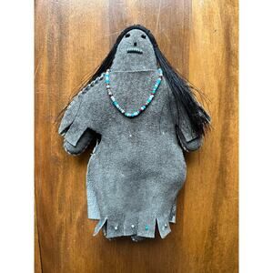Vintage 20th Navajo Native American Leather Horsehair Beaded Doll Gray Turquoise